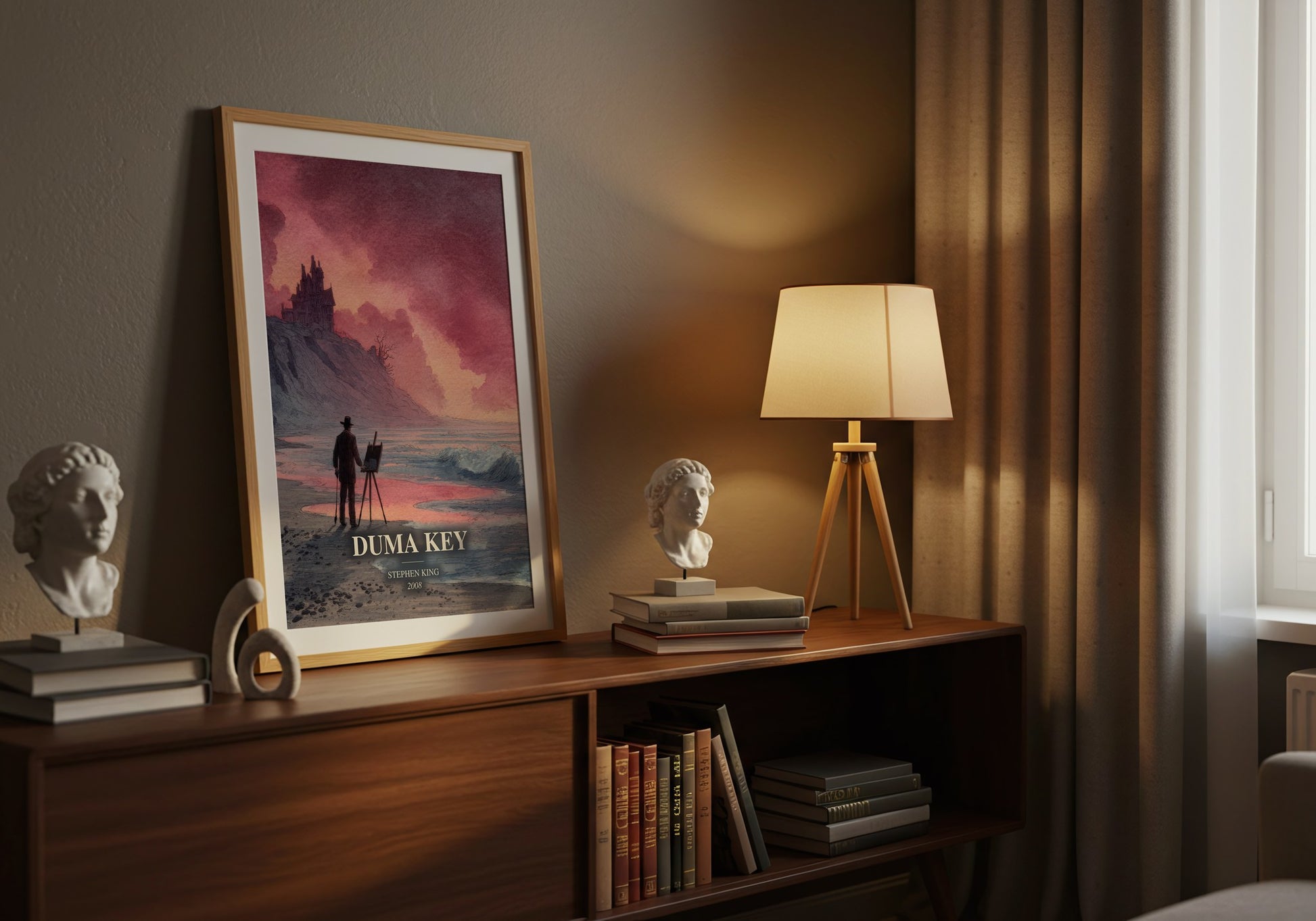 Duma Key watercolour print on bookshelf – Stephen King fan gift