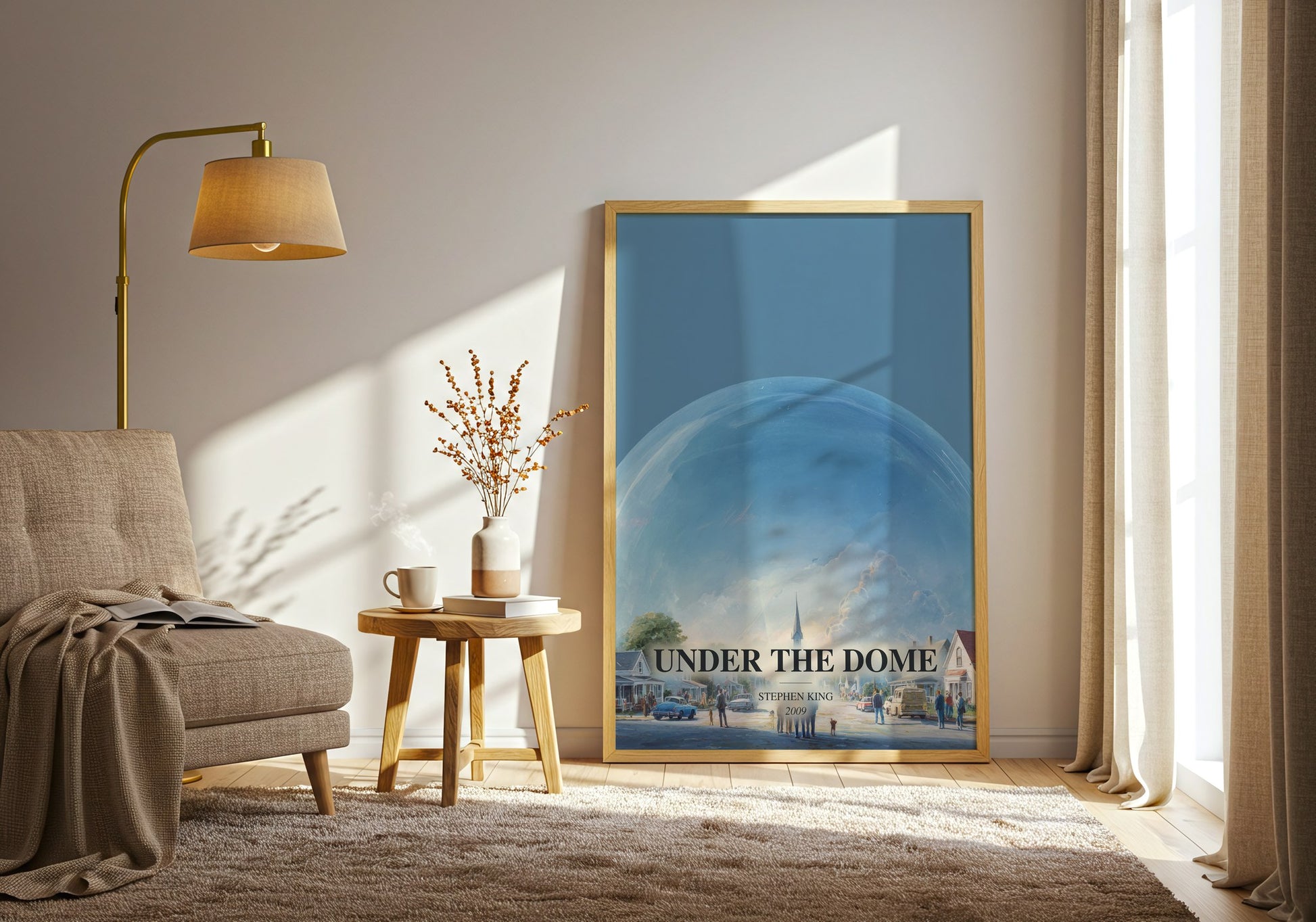 Under The Dome watercolour print in frame leaning in hallway – thriller wall art