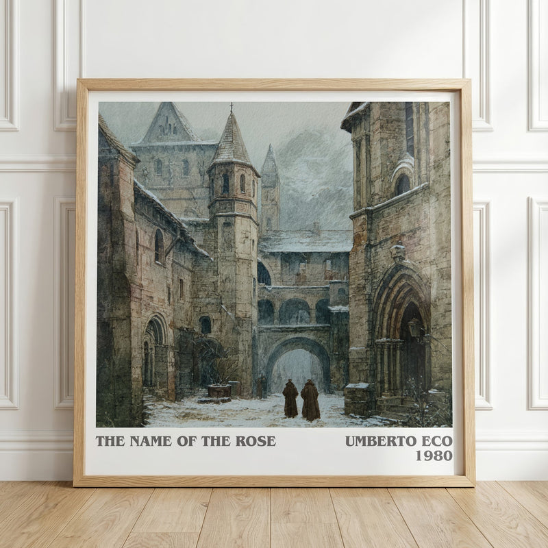 The Name of the Rose literary print in frame leaning in hallway – historical fiction wall art