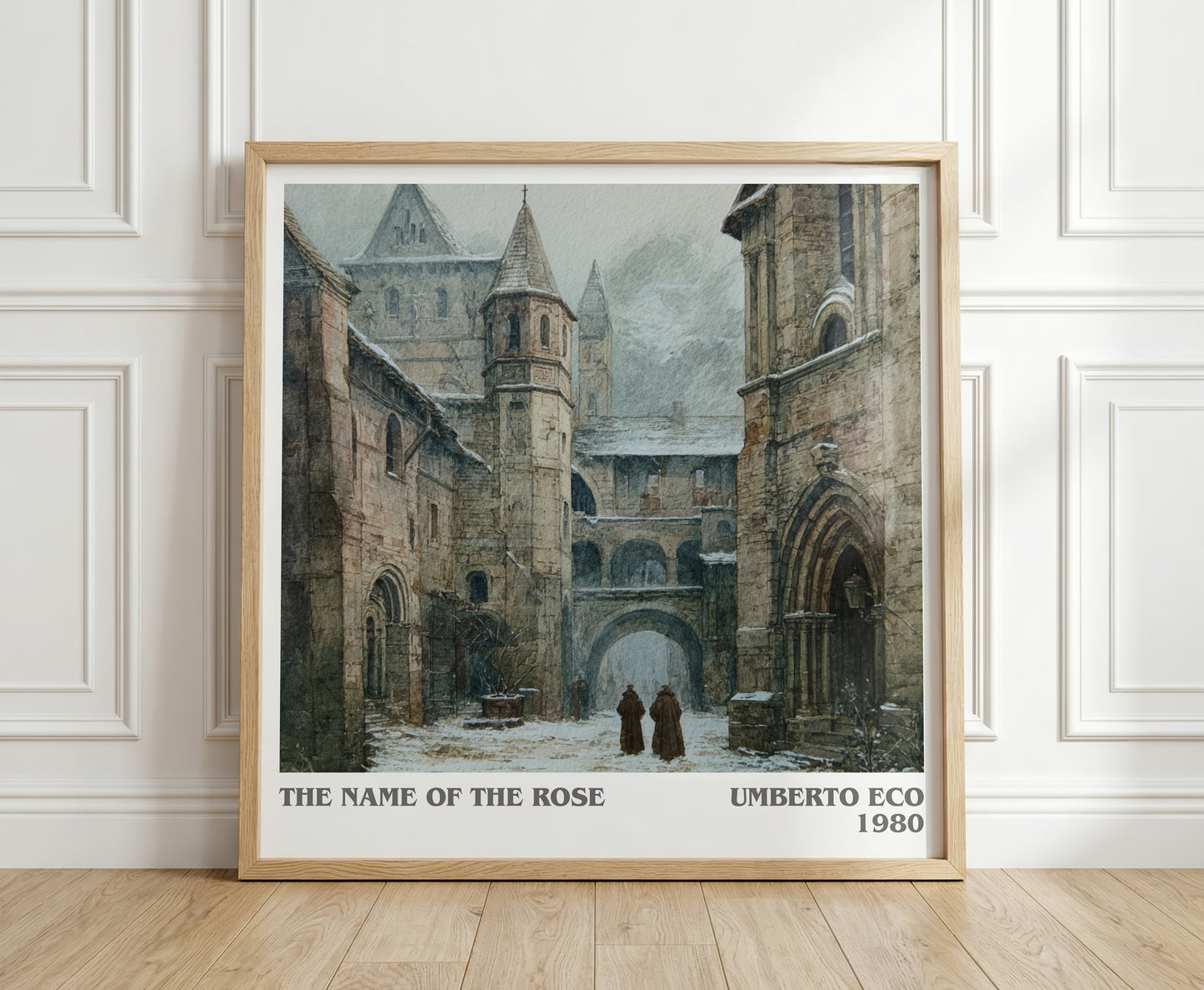 The Name of the Rose literary print in frame leaning in hallway – historical fiction wall art