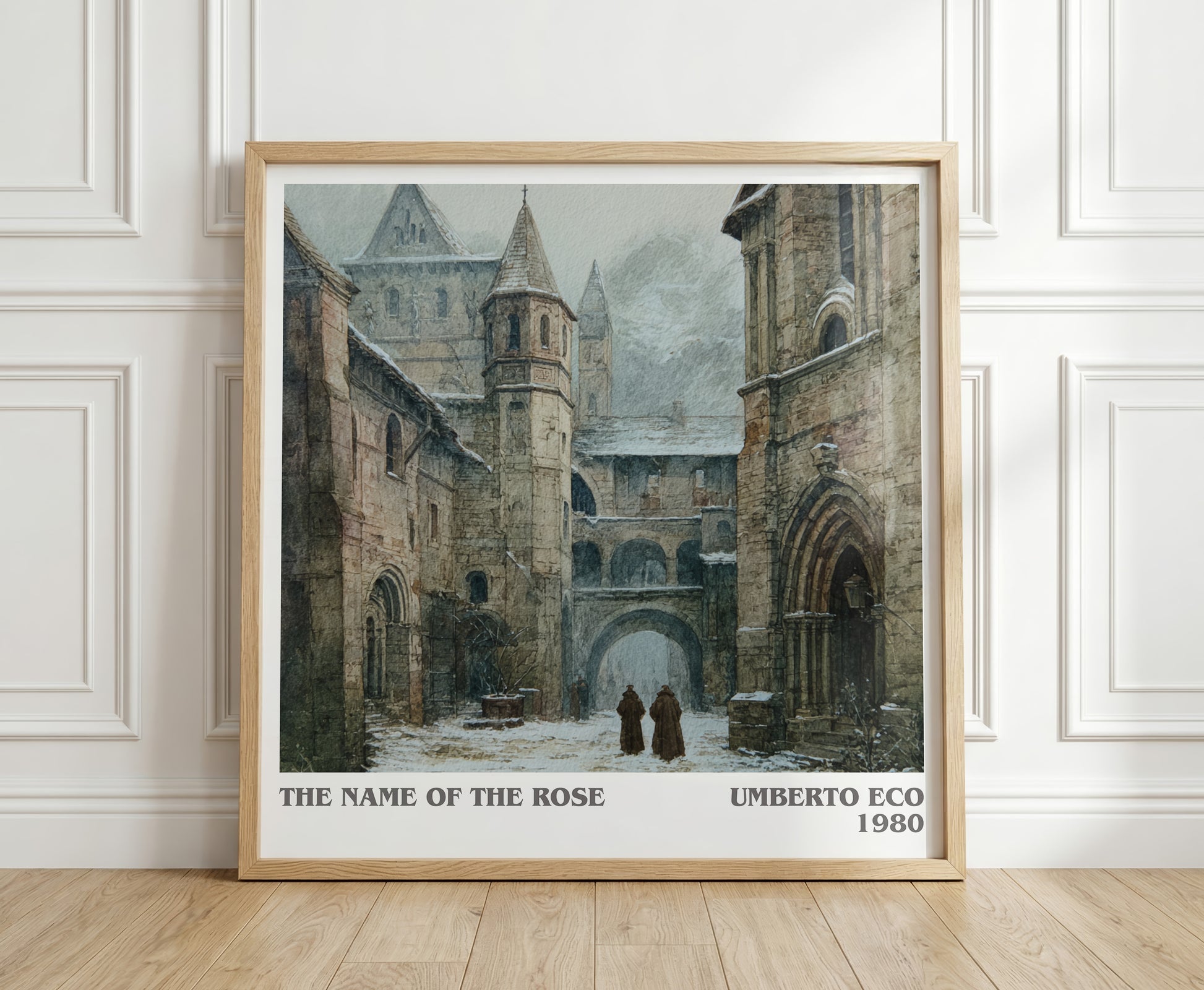 The Name of the Rose literary print in frame leaning in hallway – historical fiction wall art