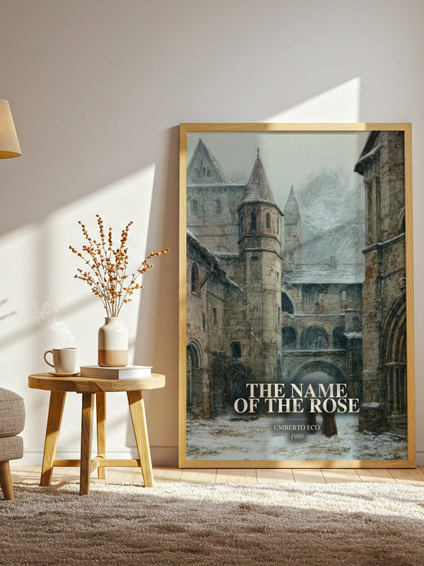 The Name Of The Rose watercolour print in frame leaning in hallway – historical fiction wall art