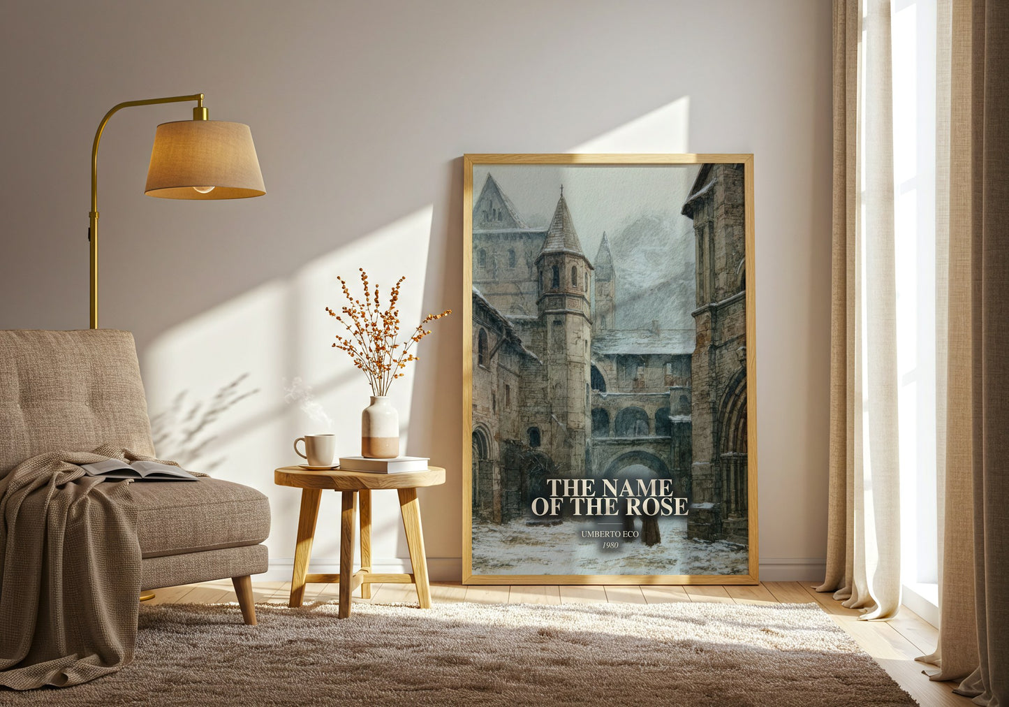 The Name Of The Rose watercolour print in frame leaning in hallway – historical fiction wall art