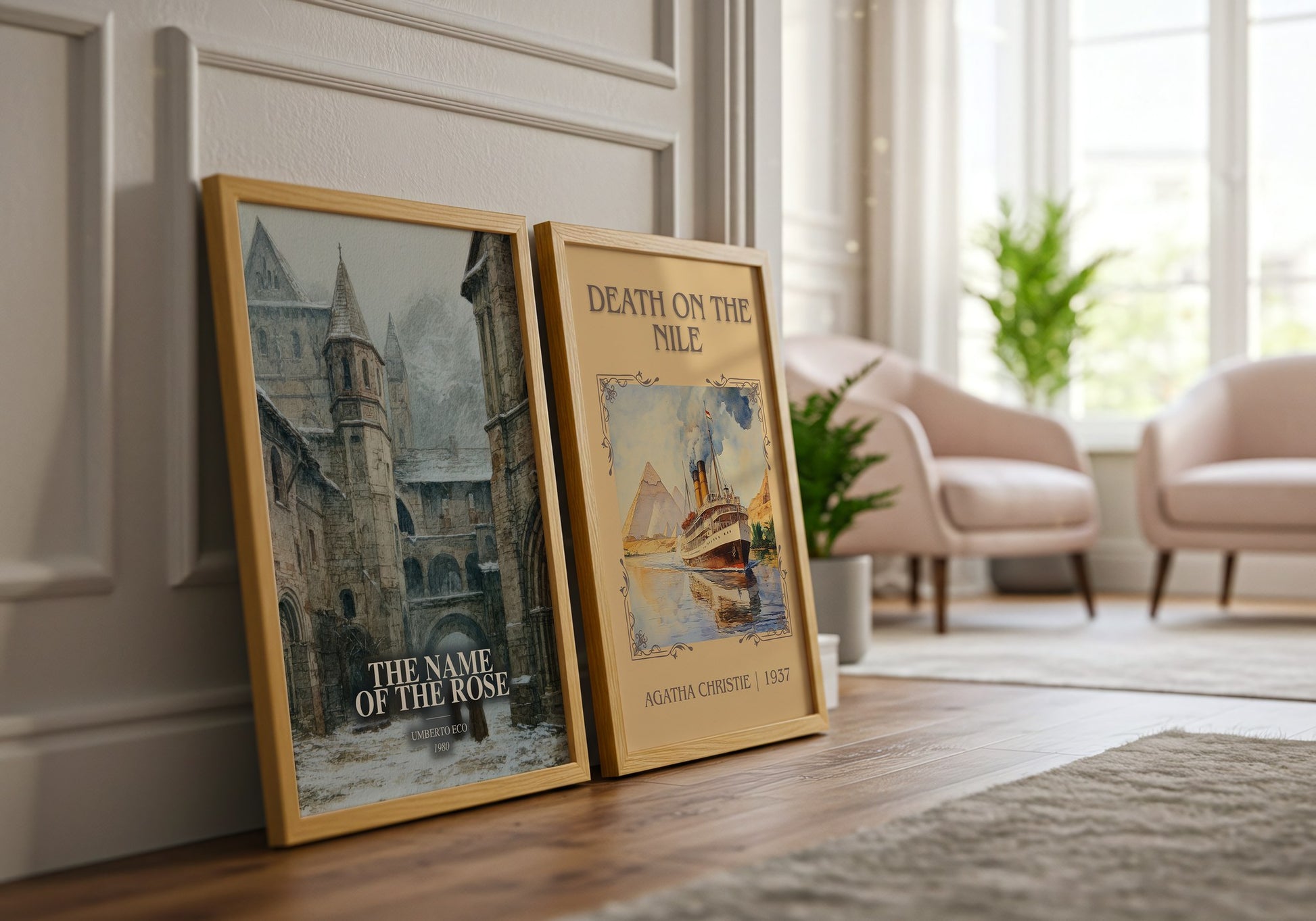 The Name Of The Rose watercolour print framed by window – literary home decor