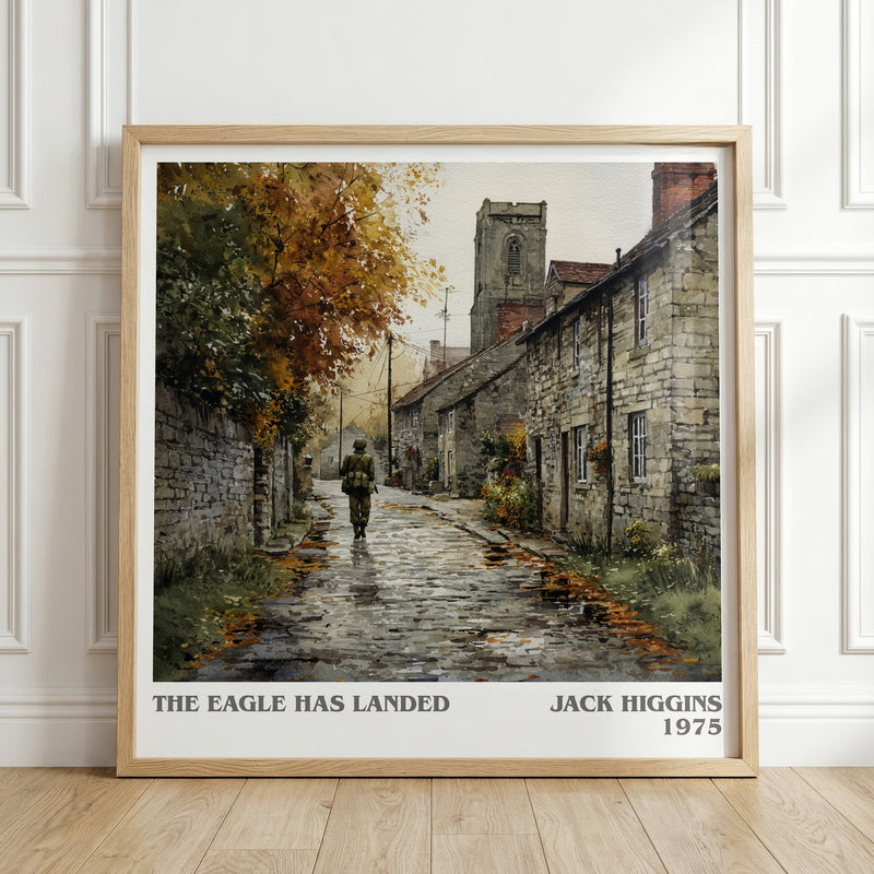 The Eagle Has Landed literary print in frame leaning in hallway – thriller wall art