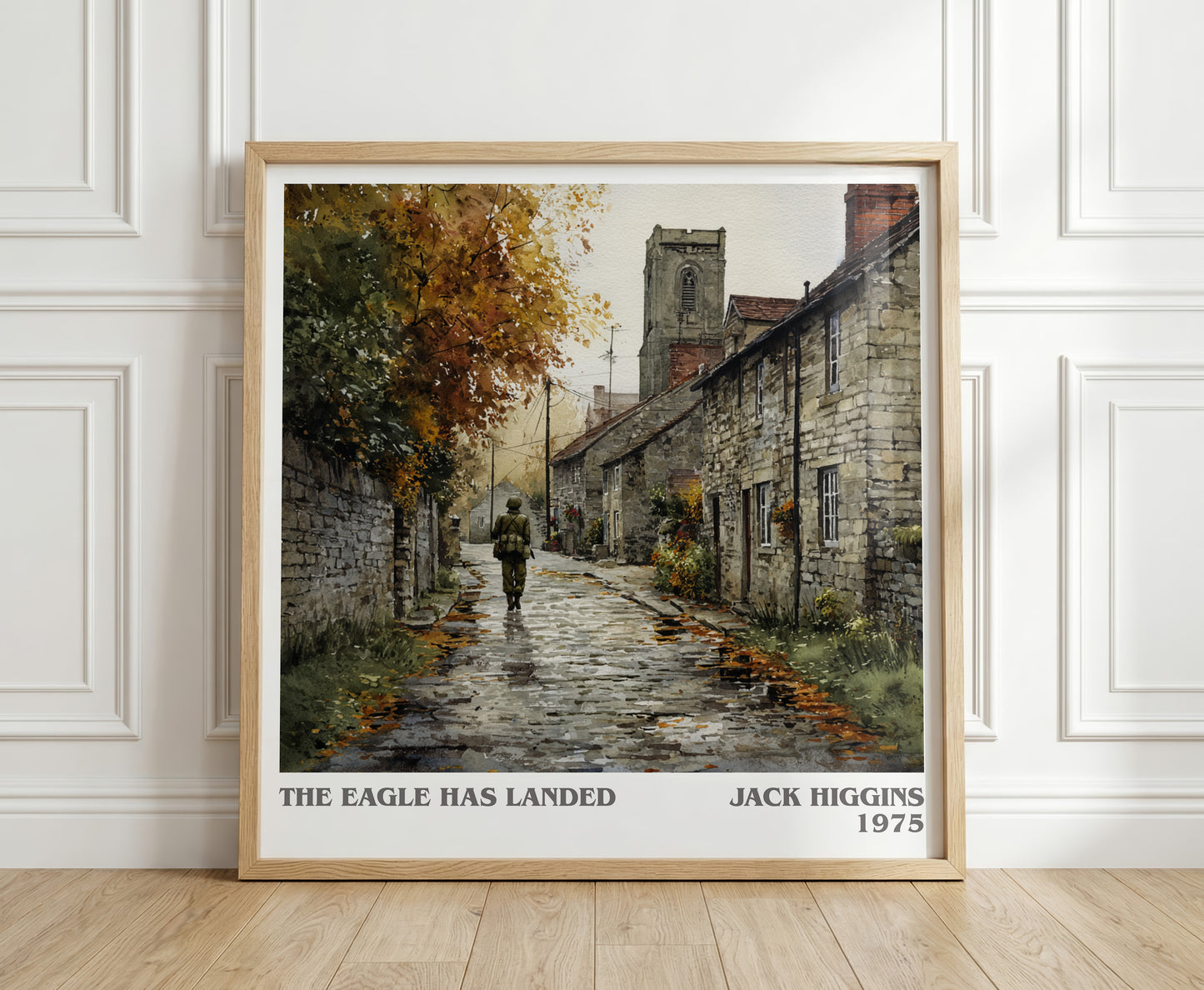 The Eagle Has Landed literary print in frame leaning in hallway – thriller wall art