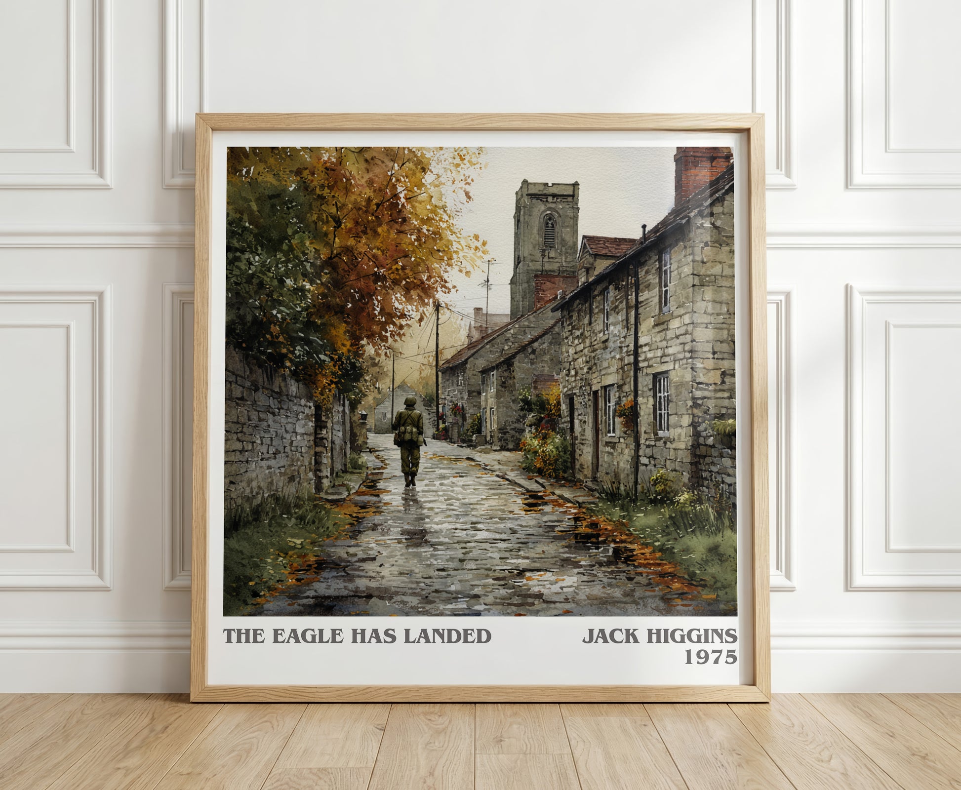 The Eagle Has Landed literary print in frame leaning in hallway – thriller wall art