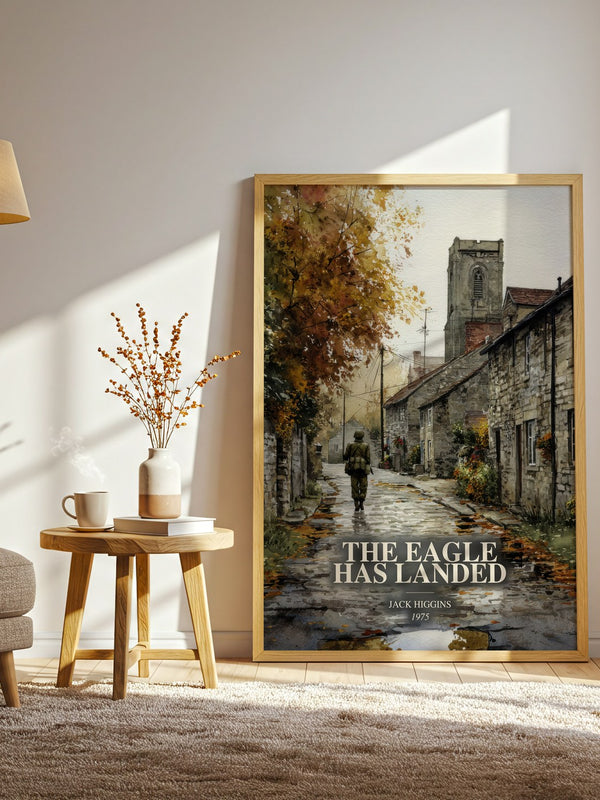 The Eagle Has Landed watercolour print in frame leaning in hallway – thriller wall art