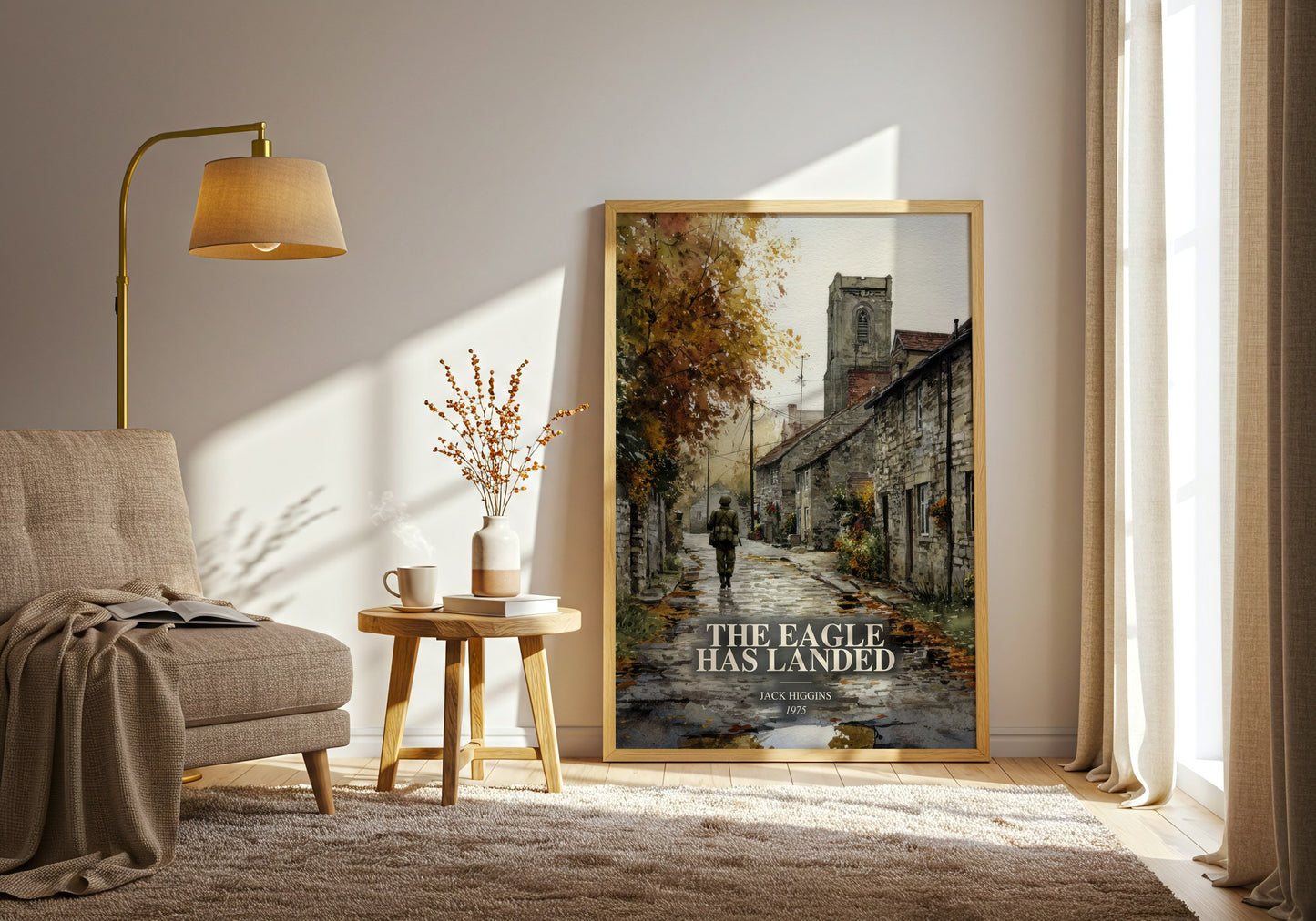 The Eagle Has Landed watercolour print in frame leaning in hallway – thriller wall art