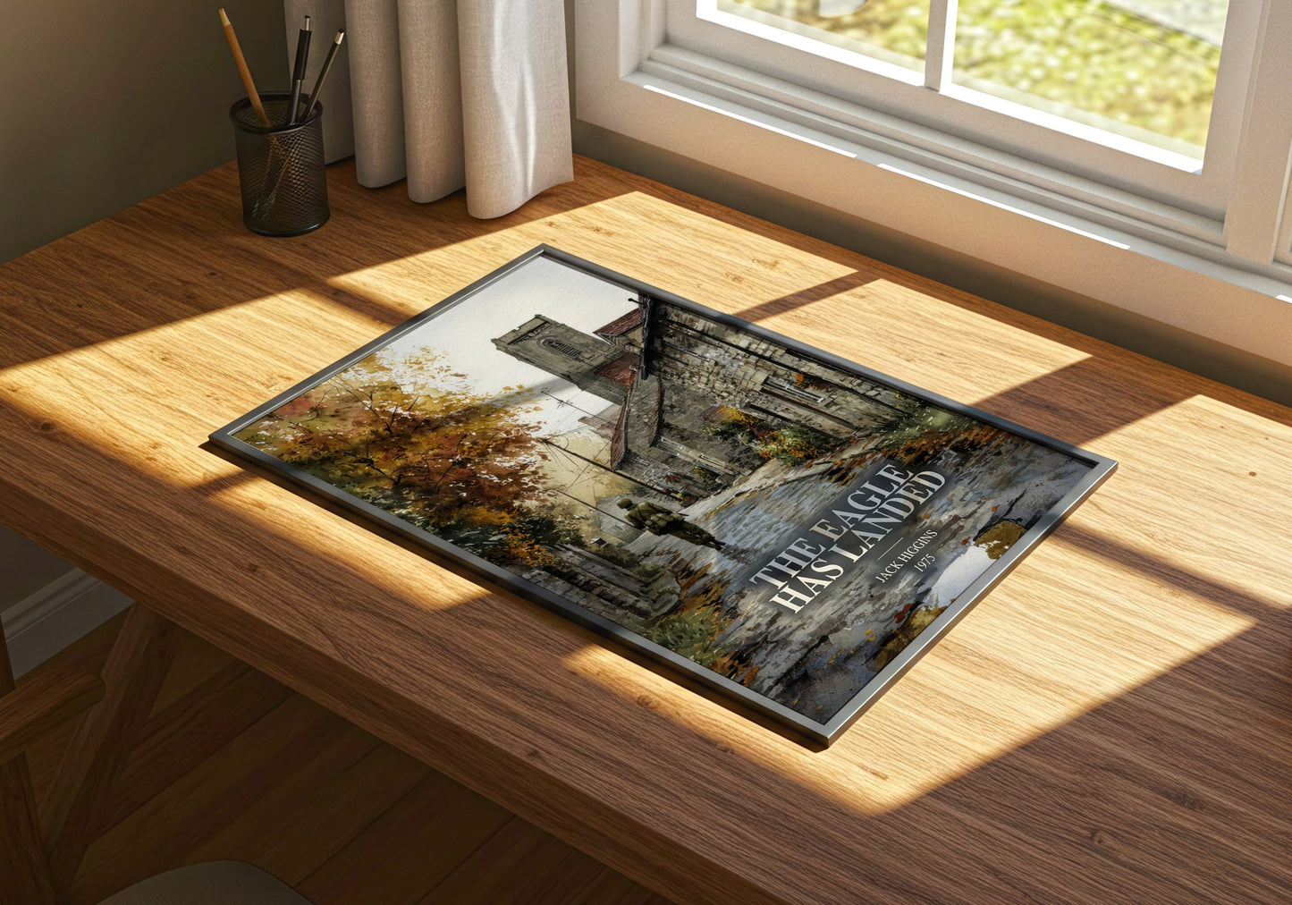 The Eagle Has Landed watercolour book poster framed on wall – thriller wall art