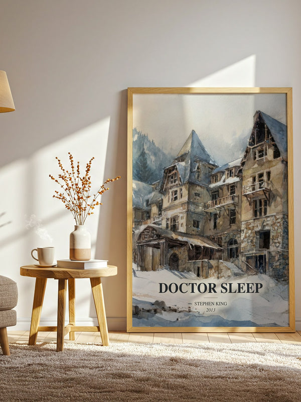 Doctor Sleep watercolour print in frame leaning in hallway – horror wall art