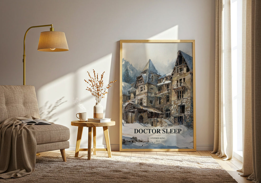 Doctor Sleep watercolour print in frame leaning in hallway – horror wall art (mockup)