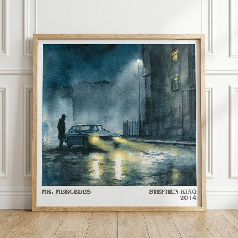 Mr. Mercedes literary print in frame leaning in hallway – crime wall art