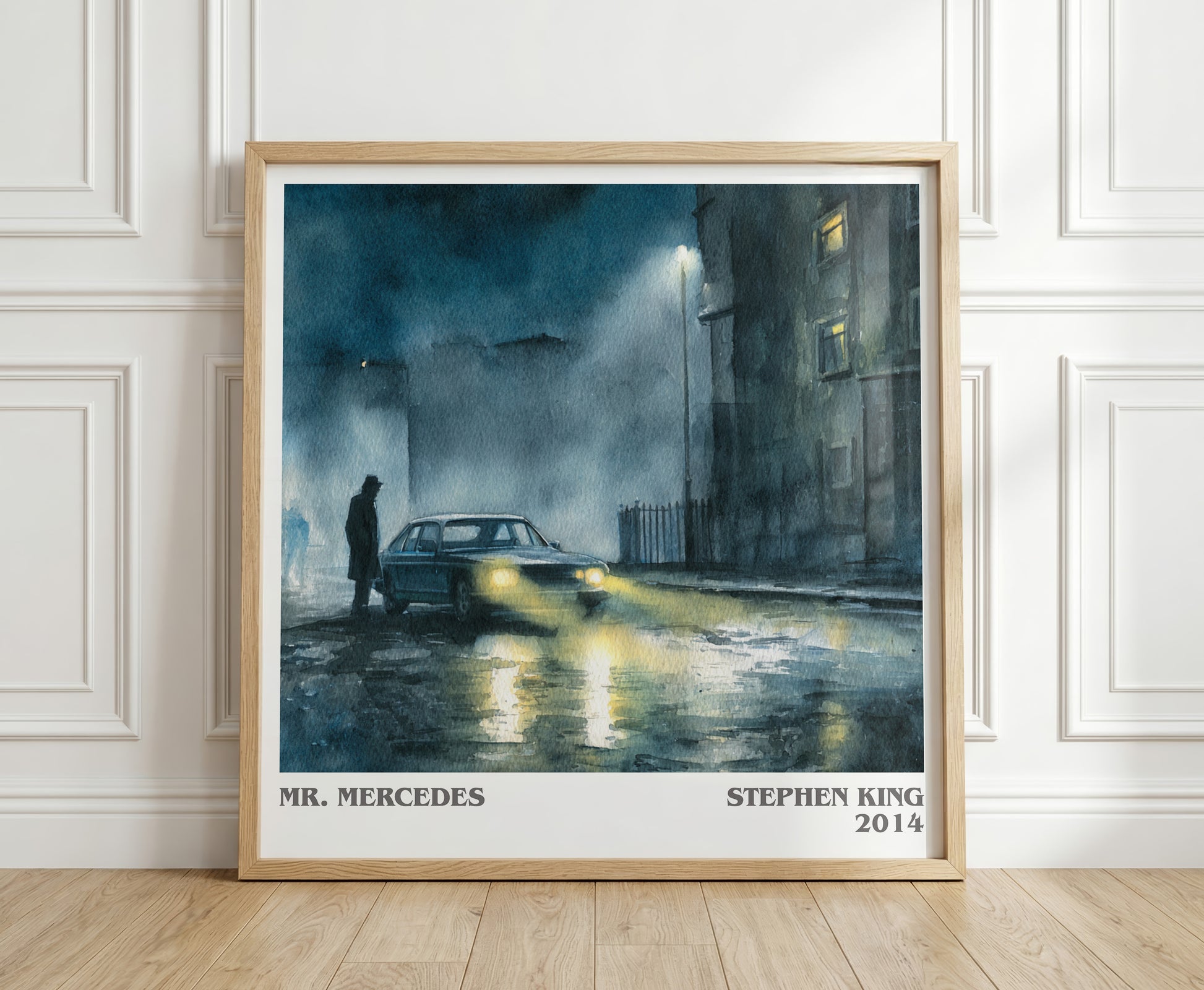 Mr. Mercedes literary print in frame leaning in hallway – crime wall art