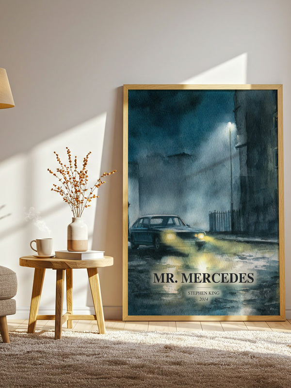 Mr. Mercedes watercolour print in frame leaning in hallway – thriller wall art