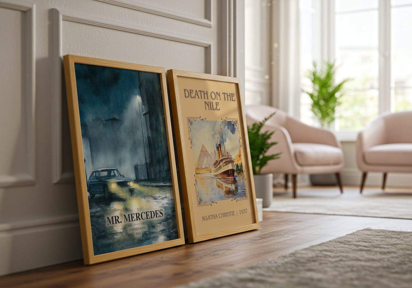 Mr. Mercedes watercolour print framed by window – literary home decor