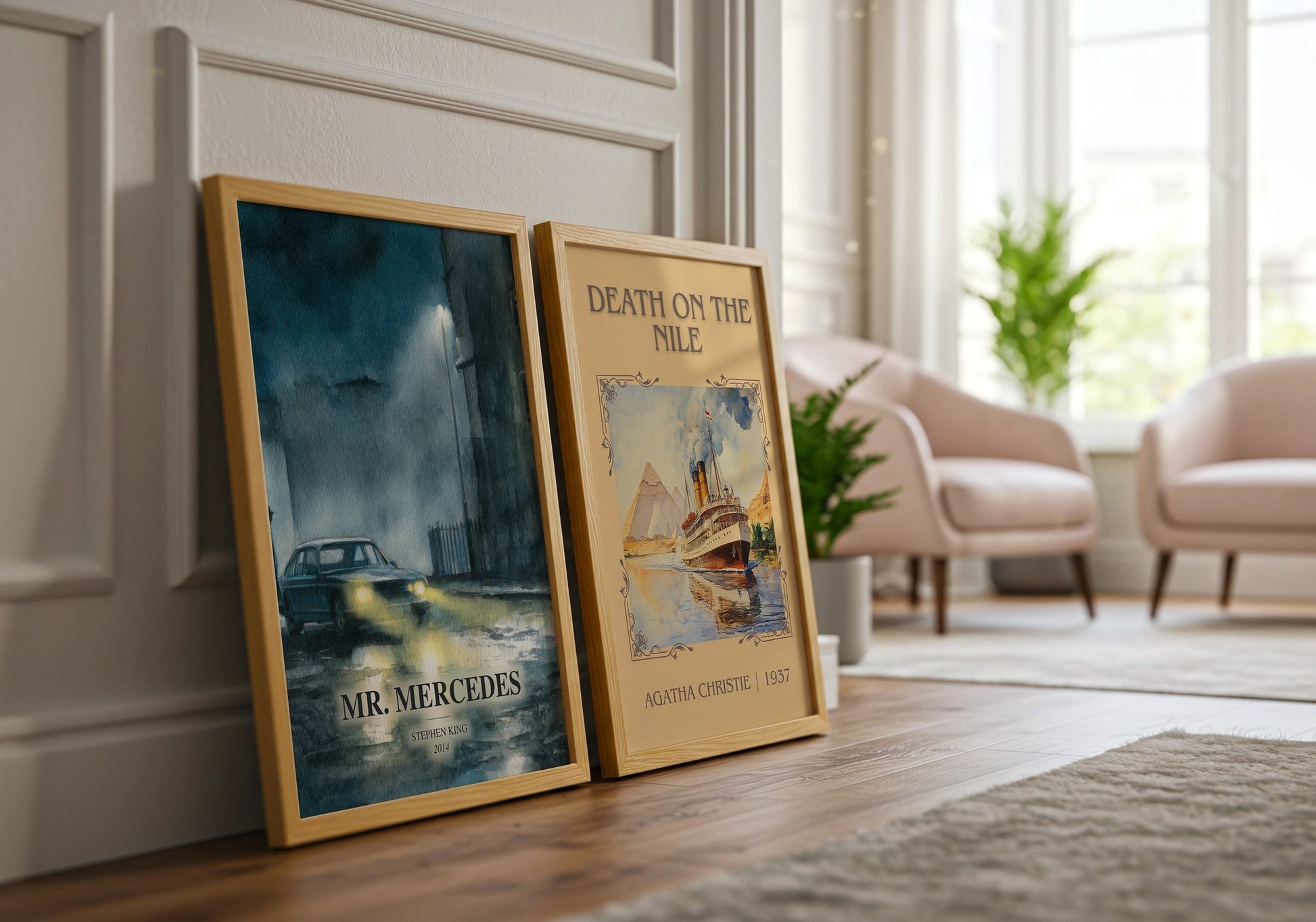 Mr. Mercedes watercolour print framed by window – literary home decor
