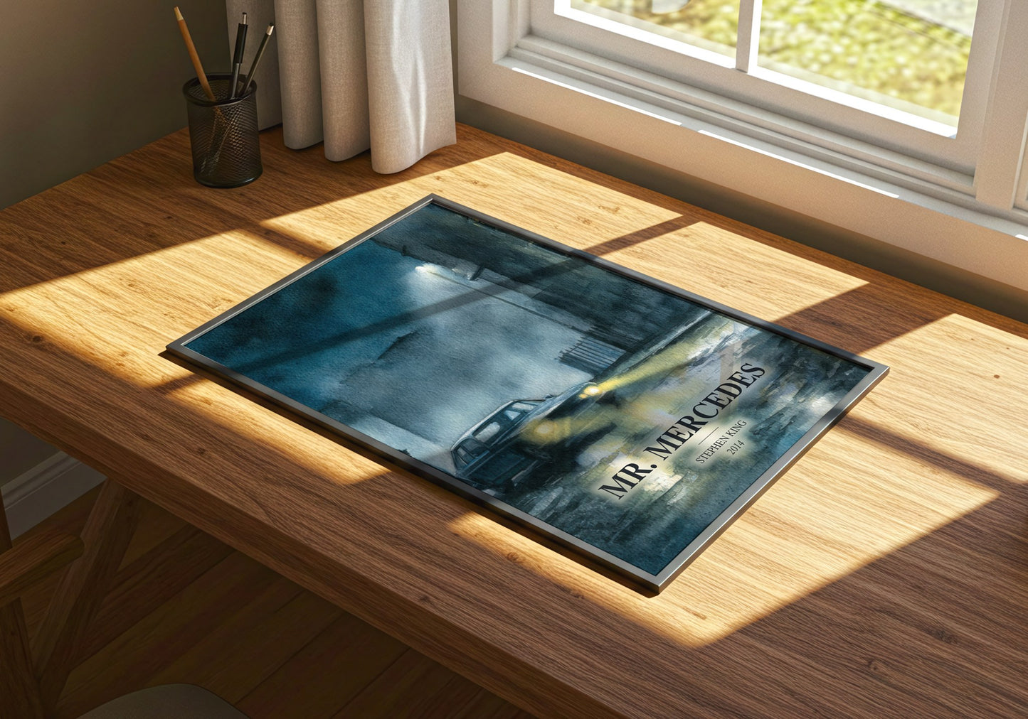 Mr. Mercedes watercolour book poster framed on wall – thriller wall art