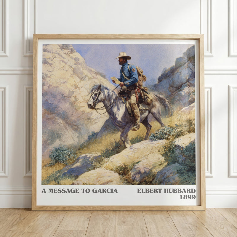 A Message to Garcia literary print in frame leaning in hallway – non fiction wall art