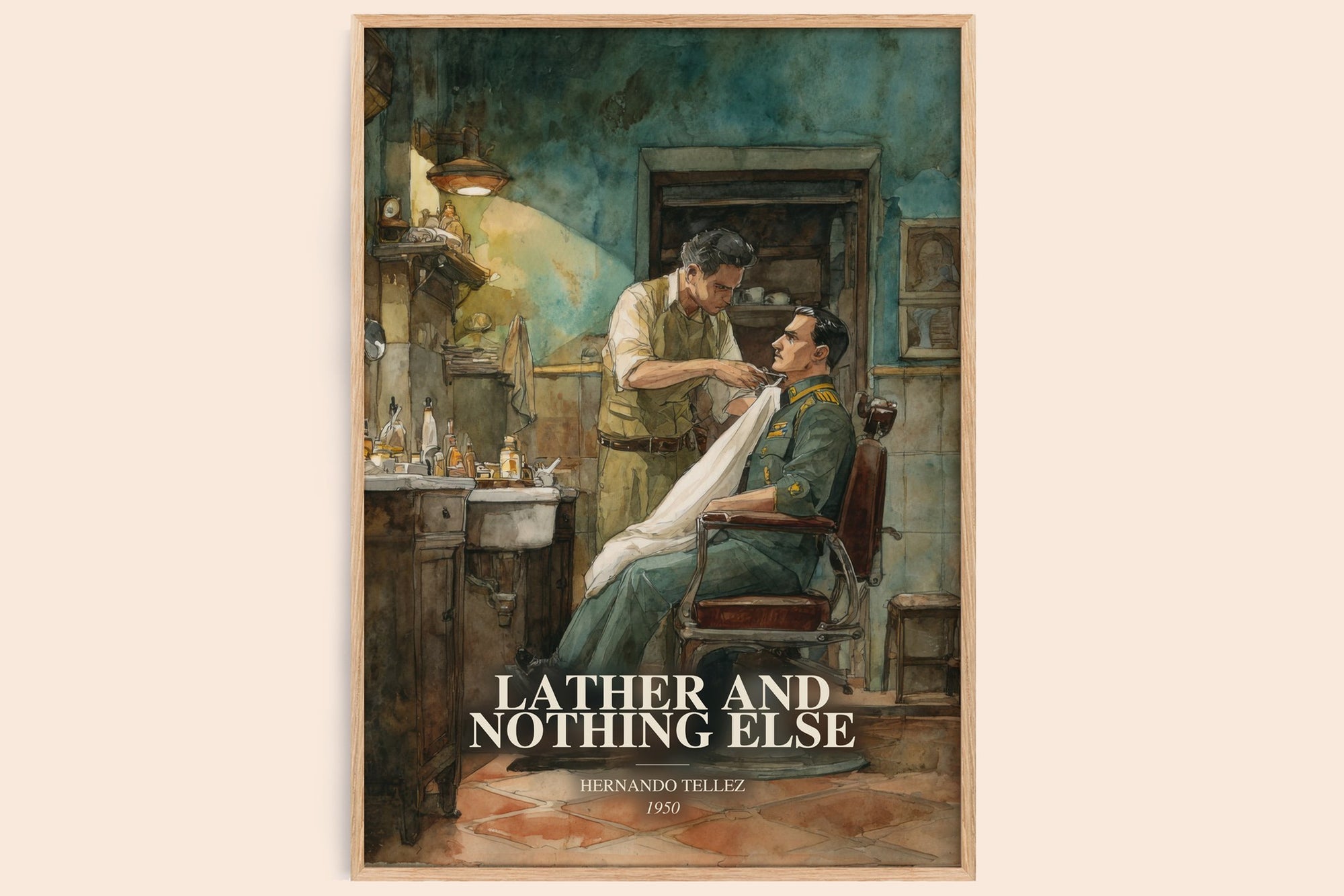 Lather And Nothing Else watercolour book poster by Hernando Tellez – framed literary art print