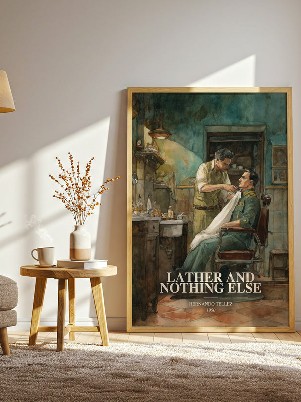 Lather And Nothing Else watercolour print in frame leaning in hallway – literary fiction wall art