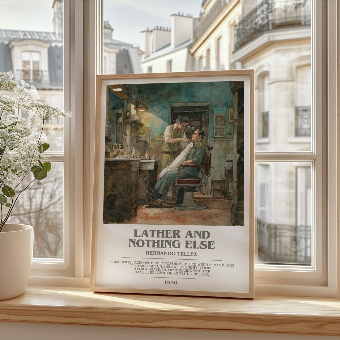 Lather And Nothing Else Bookish Wall Art by Hernando Tellez – framed print by a bright window