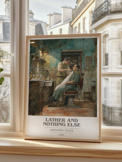 Lather And Nothing Else Book Cover Poster by Hernando Tellez – framed print by a bright window