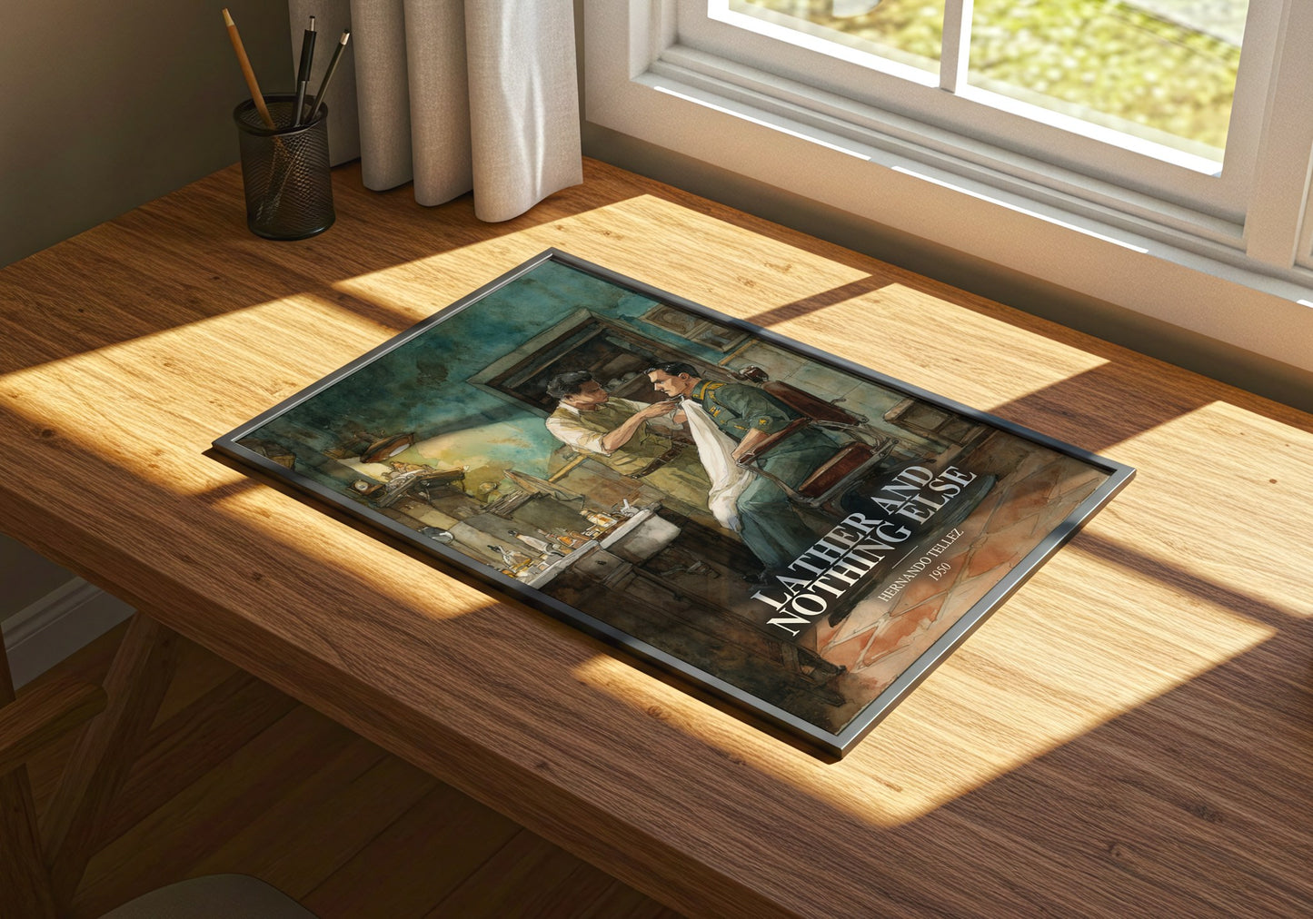 Lather And Nothing Else watercolour book poster framed on wall – literary fiction wall art