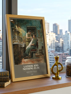Lather And Nothing Else Book Cover Poster by Hernando Tellez – framed print on a city-view windowsill
