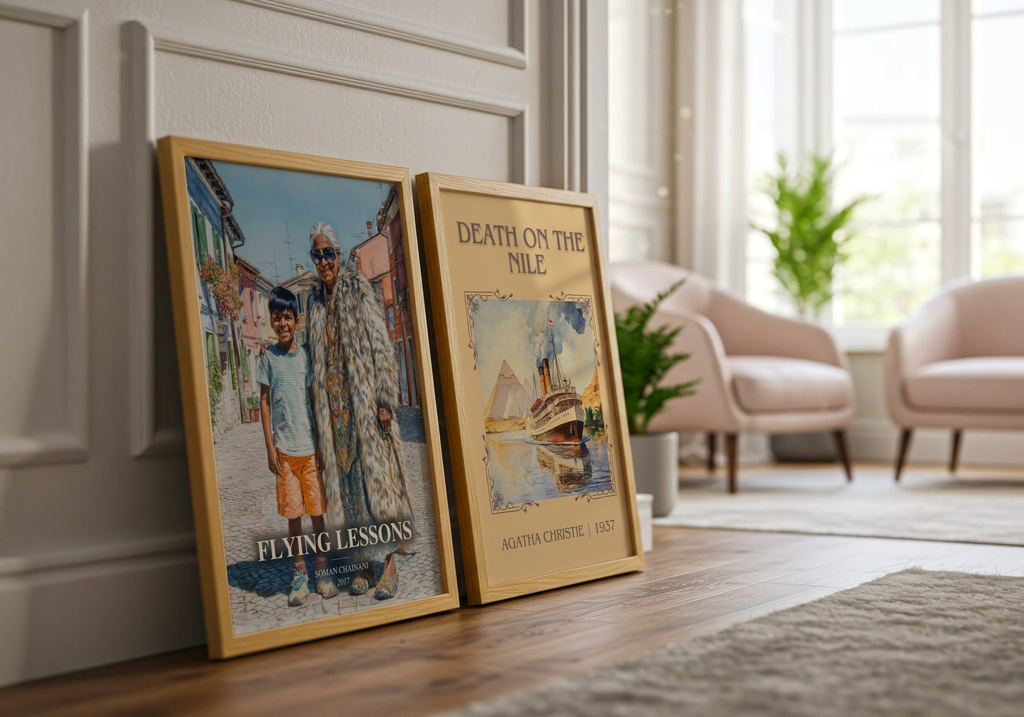 Flying Lessons watercolour print framed by window – literary home decor