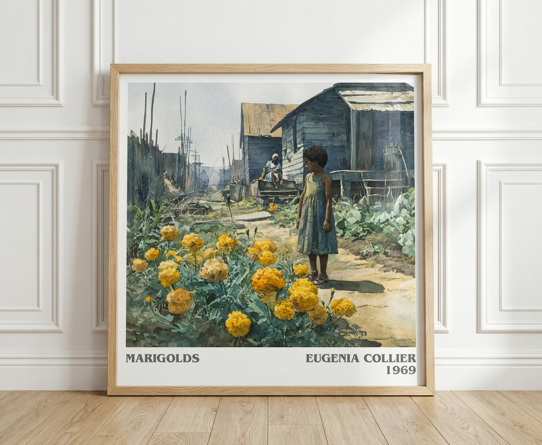 Marigolds literary print in frame leaning in hallway – literary fiction wall art (mockup)