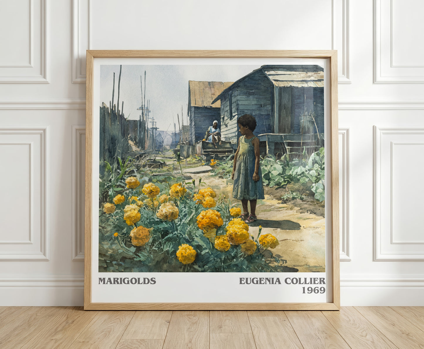 Marigolds literary print in frame leaning in hallway – literary fiction wall art