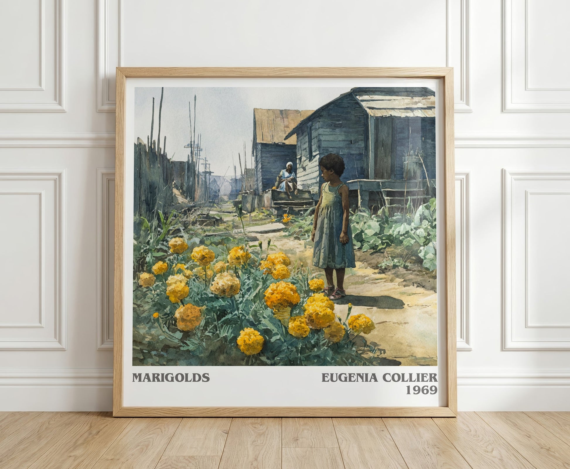 Marigolds literary print in frame leaning in hallway – literary fiction wall art