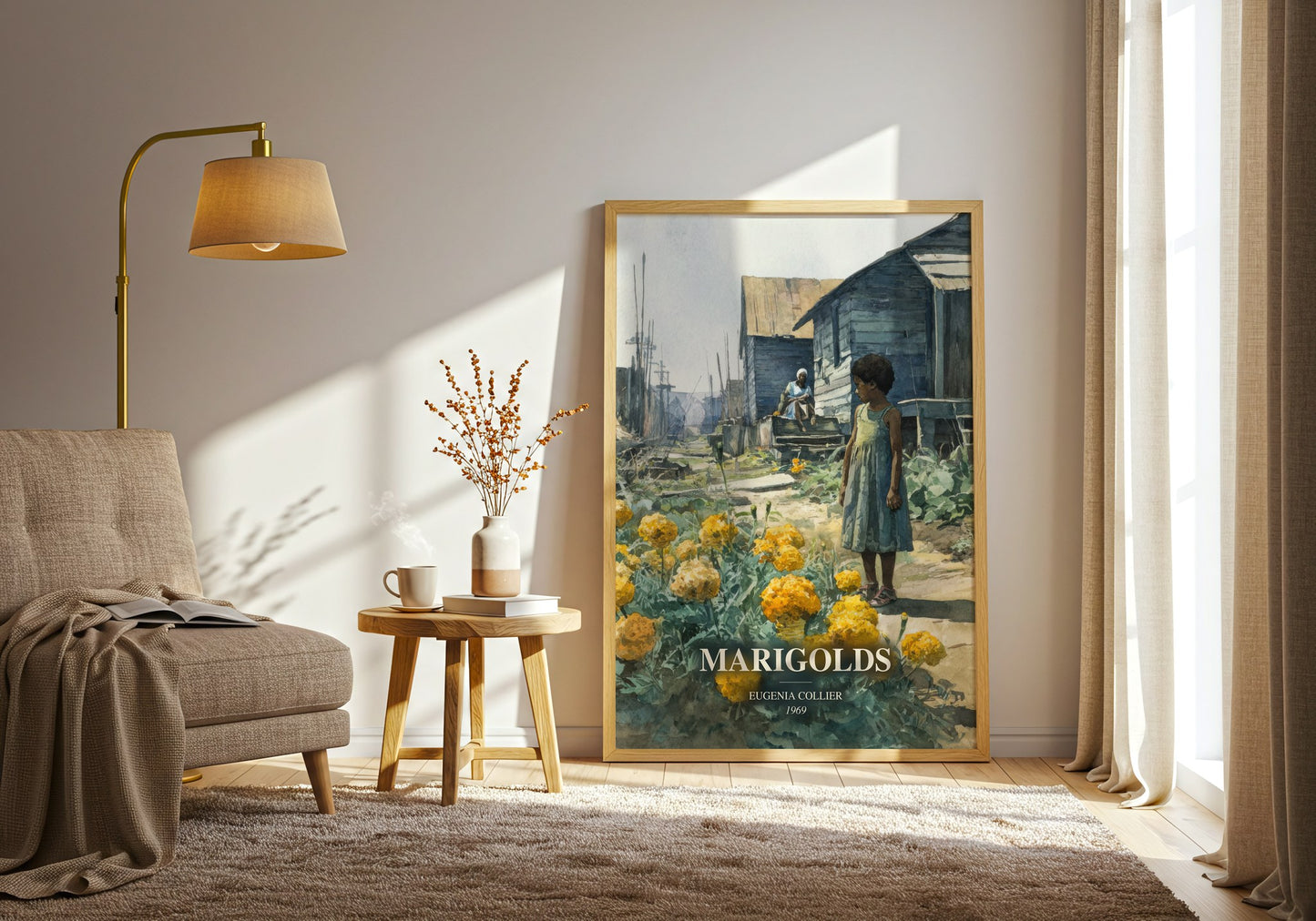 Marigolds watercolour print in frame leaning in hallway – literary fiction wall art