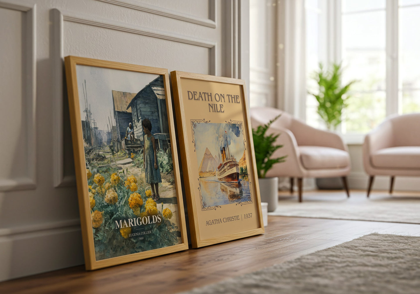 Marigolds watercolour print framed by window – literary home decor