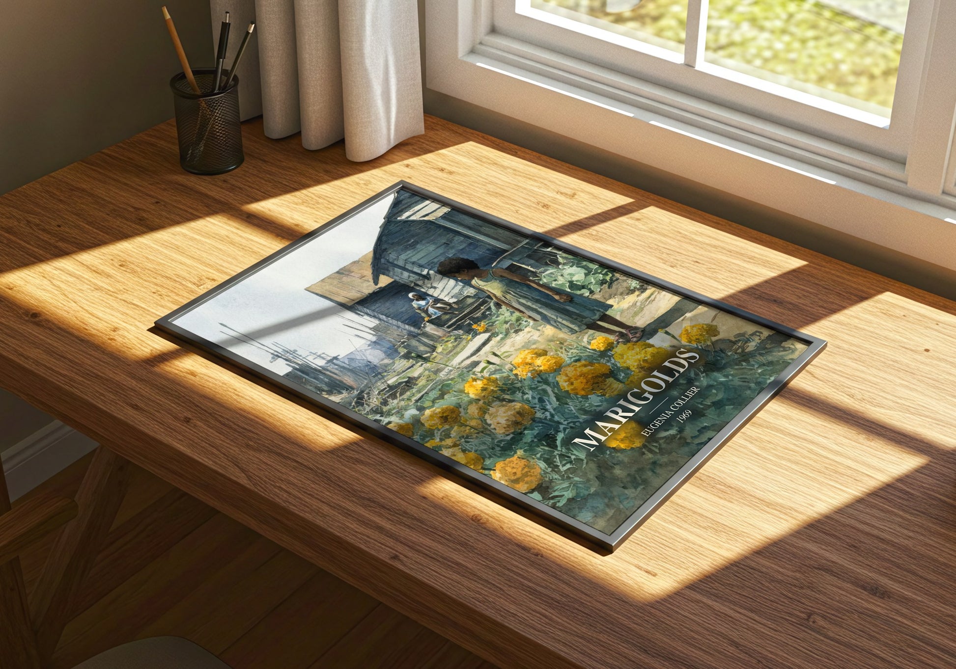 Marigolds watercolour book poster framed on wall – literary fiction wall art