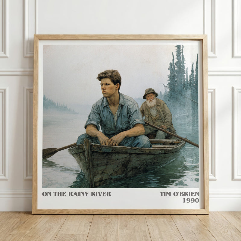 On The Rainy River literary print in frame leaning in hallway – non fiction wall art