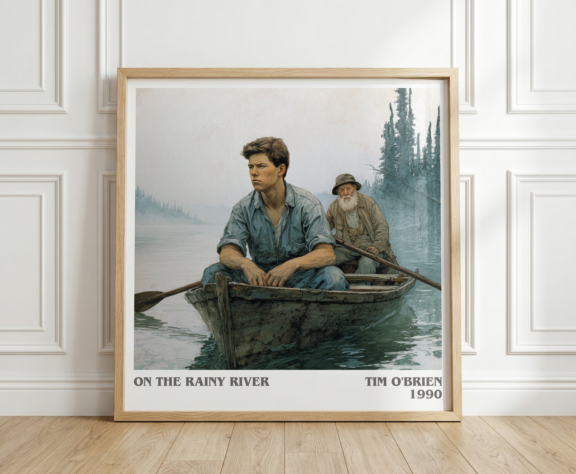 On The Rainy River literary print in frame leaning in hallway – non fiction wall art