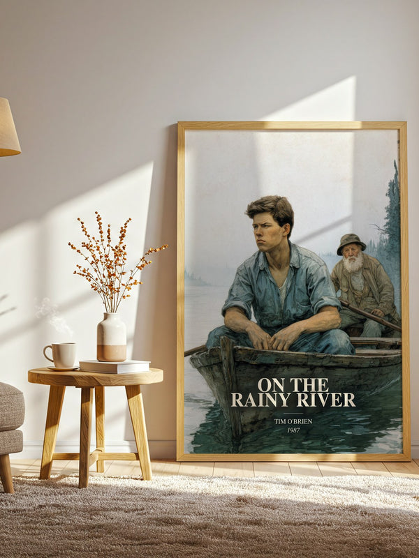 On The Rainy River watercolour print in frame leaning in hallway – literary fiction wall art