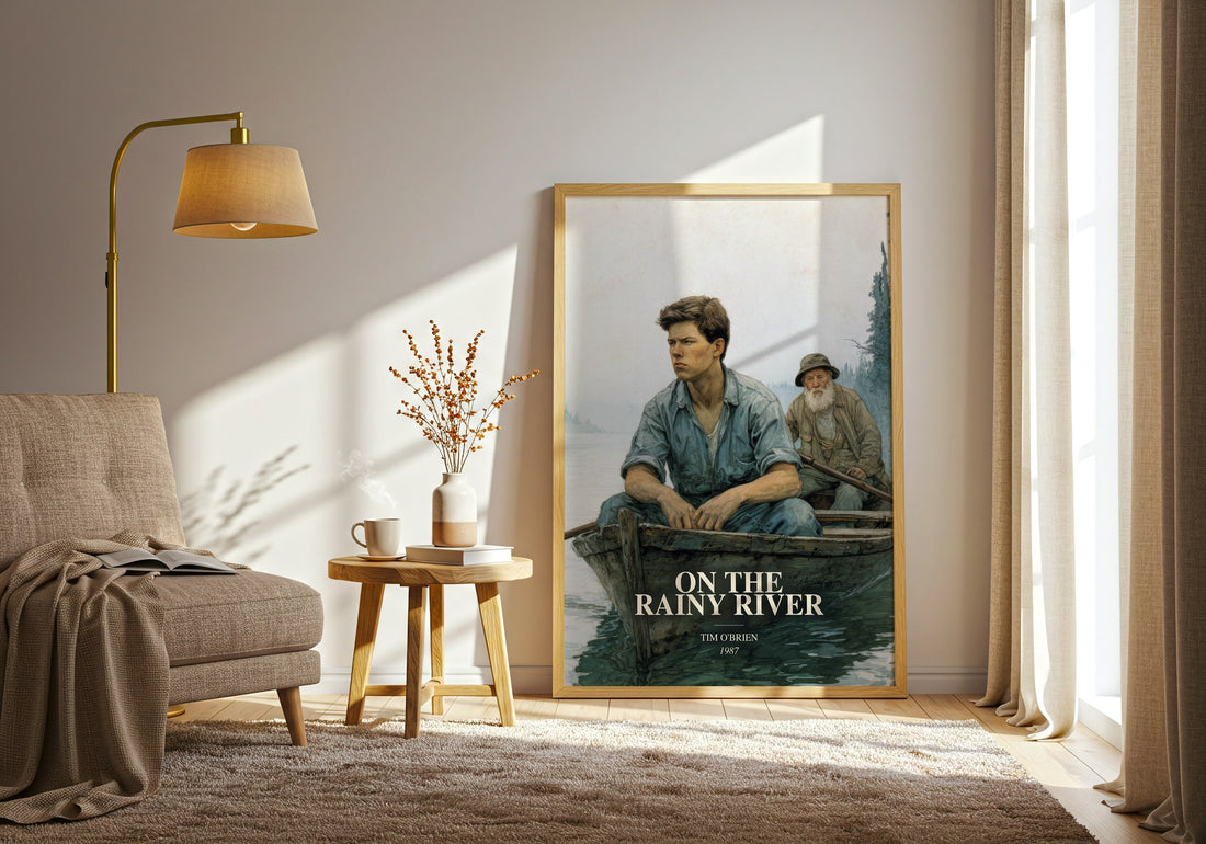 On The Rainy River watercolour print in frame leaning in hallway – literary fiction wall art (mockup)