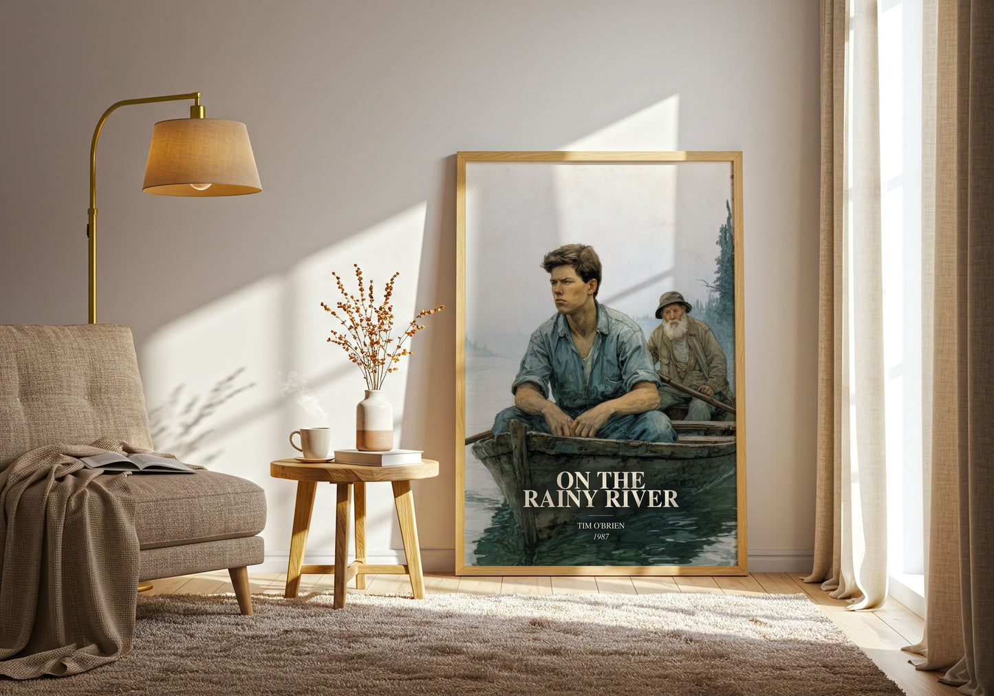 On The Rainy River watercolour print in frame leaning in hallway – literary fiction wall art