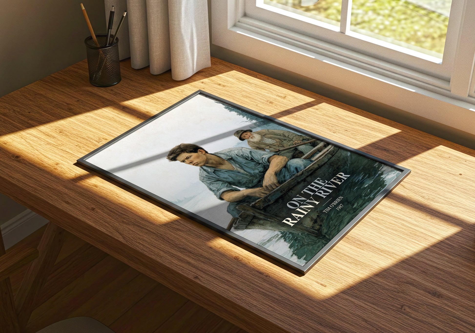 On The Rainy River watercolour book poster framed on wall – literary fiction wall art
