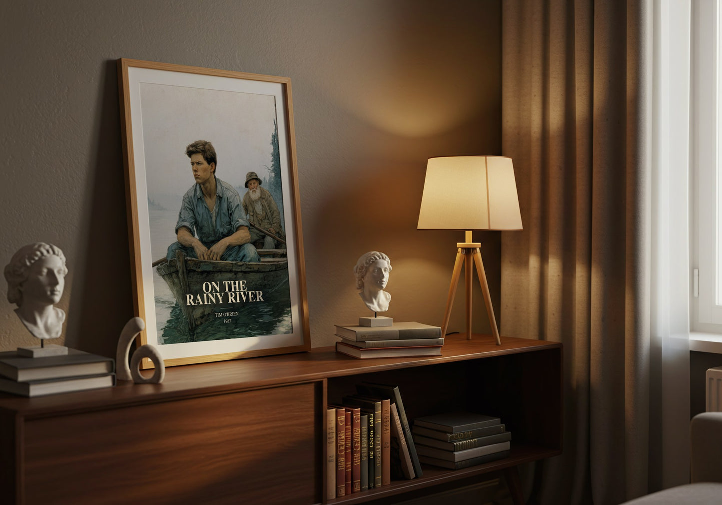 On The Rainy River watercolour print on bookshelf – Tim O'Brien fan gift