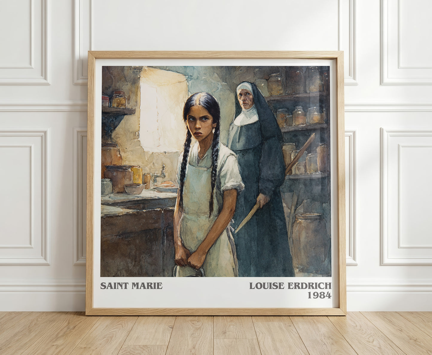 Saint Marie literary print in frame leaning in hallway – literary fiction wall art