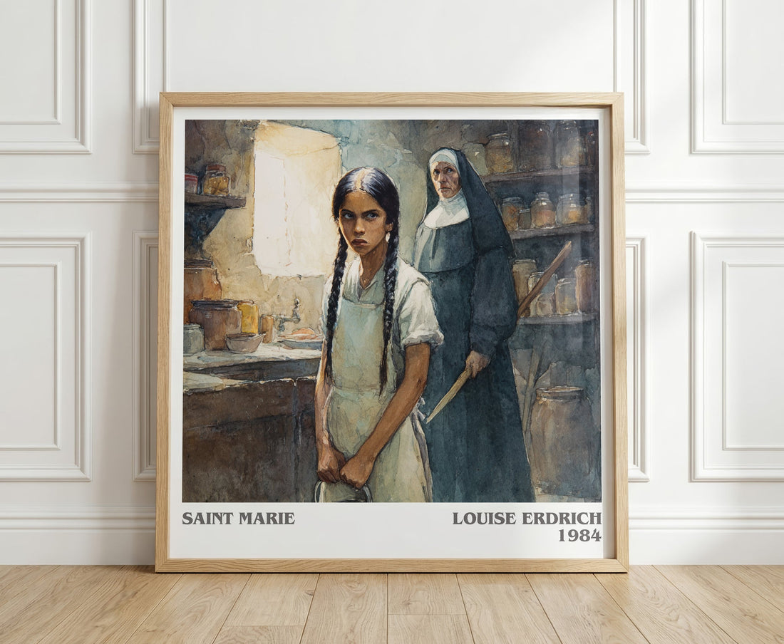 Saint Marie literary print in frame leaning in hallway – literary fiction wall art (mockup)