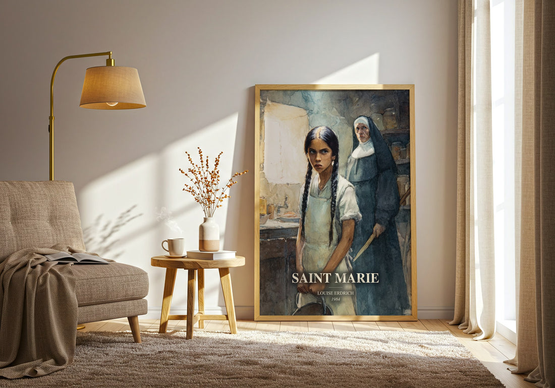 Saint Marie watercolour print in frame leaning in hallway – literary fiction wall art (mockup)
