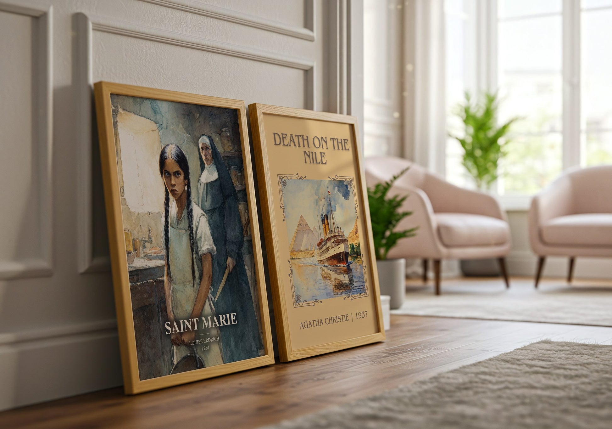Saint Marie watercolour print framed by window – literary home decor