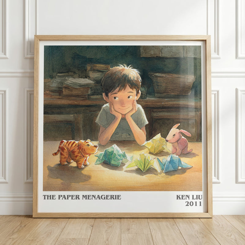 The Paper Menagerie literary print in frame leaning in hallway – fantasy wall art