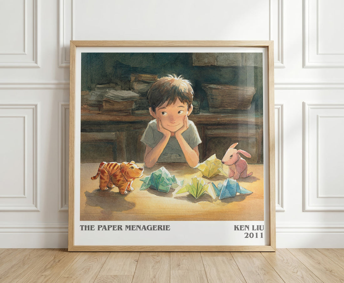 The Paper Menagerie literary print in frame leaning in hallway – fantasy wall art (mockup)
