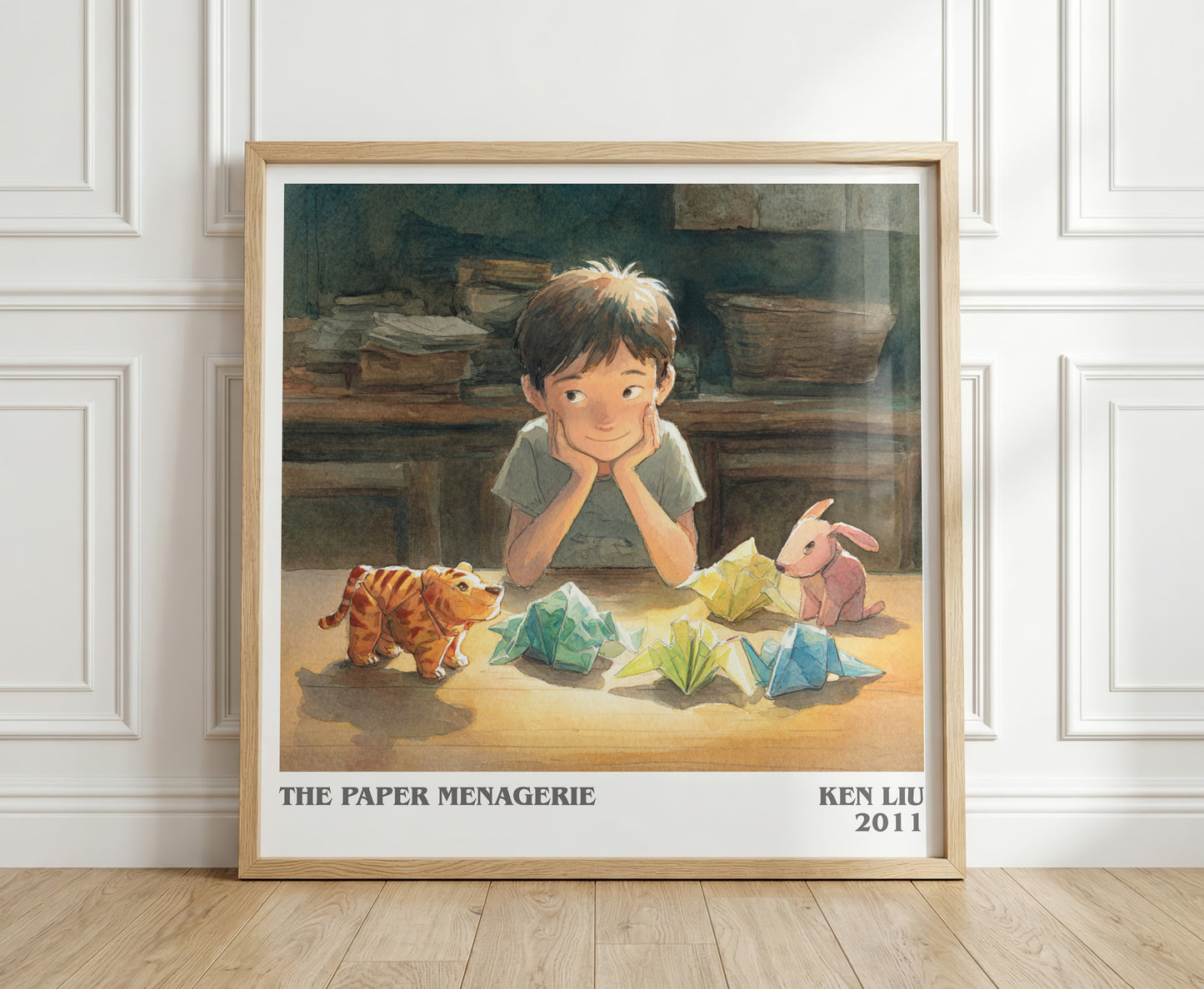 The Paper Menagerie literary print in frame leaning in hallway – fantasy wall art